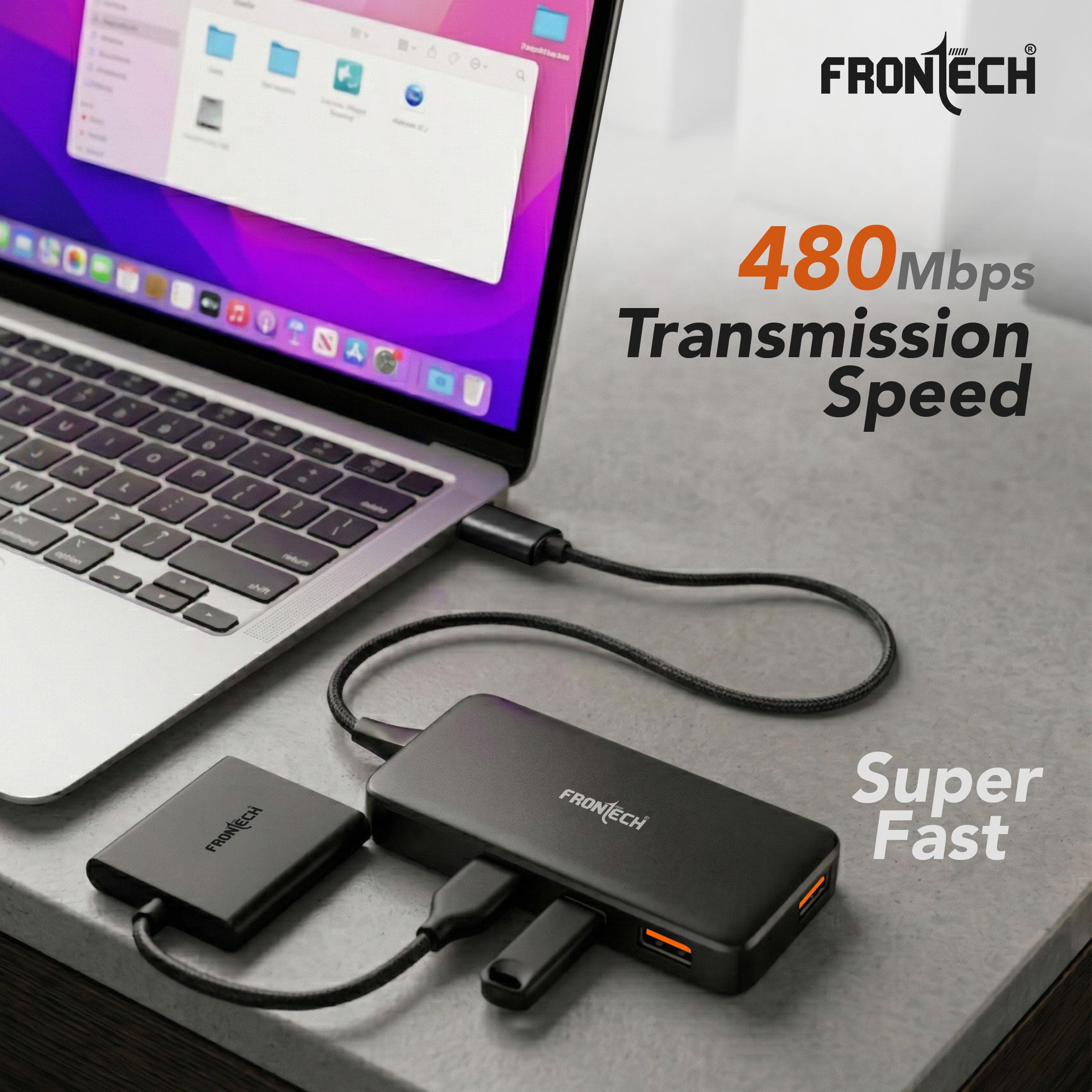 Frontech 4-in-1 USB Hub | Type-C to 4× USB 2.0 Ports |
